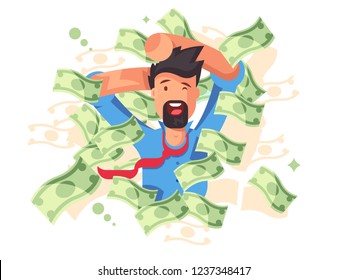 Hombre rico sonriente bañándose en dinero. Exitoso empresario o magnate millonario feliz bajo dólares llueve como ilustración vectorial concepto plano. Fondo de riqueza y éxito