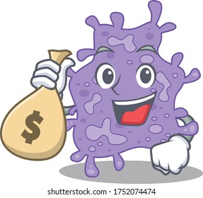 El diseño de la caricatura de Staphylococcus aureus rico sostiene bolsas de dinero