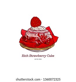 Rich strawberry cake, hand draw sketch vector. dessert illustration.