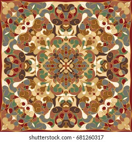 Rich striking pattern for a scarf. Square ornament in Oriental style. Vector illustration.
