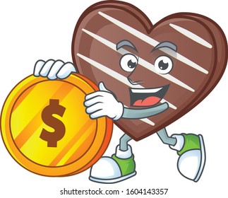 Rich stripes chocolate bar mascot cartoon design style with gold coin