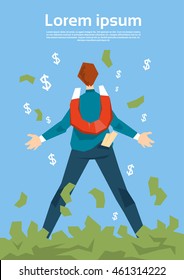 Rich Successful Business Man With Magnet Pulling Money Flat Vector Illustration