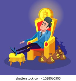 Rich Successful Businessman Sitting on Throne with Bitcoin and Money Stacks. Cryptocurrency Market Concept. Vector illustration