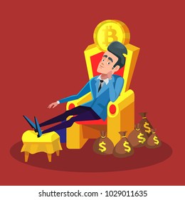 Rich Successful Businessman Sitting on Throne with Bitcoin and Money Stacks. Cryptocurrency Market Concept. Vector illustration