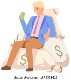 Rich successful businessman sitting on pile of money bags with dollars. Business success concept. Income and high earnings in cash. Cash bills as symbol of wealth and success. Paper money in bags
