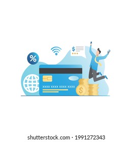 Rich, successful man with wireless ATM terminal pays contactlessly with plastic credit, debit card for goods at ATM using  NFC system. Guy with electronic money on Internet, cash, gold coins.