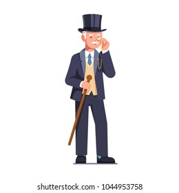Rich and successful old tycoon business man wearing three-piece retro suit. Wealthy retired senior gentleman in top hat standing with cane & looking through monocle. Flat vector character illustration
