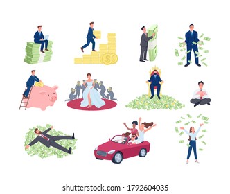 Rich and successful people flat concept vector illustration set. Financial success. Men and women with pile of money. 2D cartoon characters for web design collection. Wealth creative idea