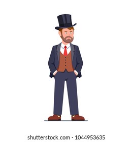 Rich And Successful Tycoon Business Man Wearing Three-piece Formal Suit. Wealthy Young Gentleman Dandy In Top Hat Standing With Hands In Trousers Pockets. Flat Isolated Vector Character Illustration