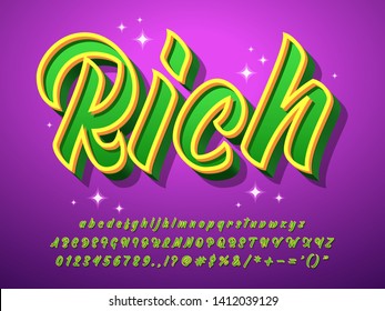 rich text effect with glitter particle, fancy green font and purple background, 3d money currency alphabet