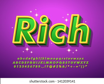 rich text effect with glitter particle, fancy green font and purple background, 3d money currency alphabet