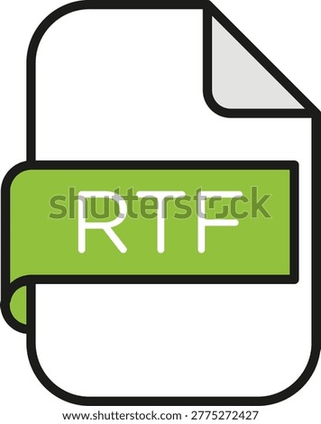 Rich text format document vector icon featuring a clean white page with a black outline and folded top corner. A bright green banner displays the RTF text in white typography. Ideal for user interfaces, web design, file management systems, and digital data storage applications requiring clear format identification.