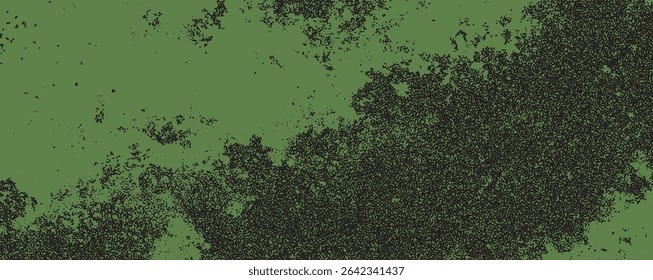 A rich, textured green background mottled with dark speckles creates a captivating abstract composition reminiscent of natural landscapes or organic patterns.