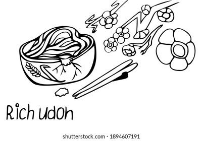 Rich udon. Blooming sakura branches. Graphic arts. For menu, booklets, recipes, snack bars, canteens, cafes. For a ramen diner