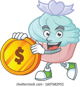 Rich vanilla blue love cupcake mascot cartoon design style with gold coin