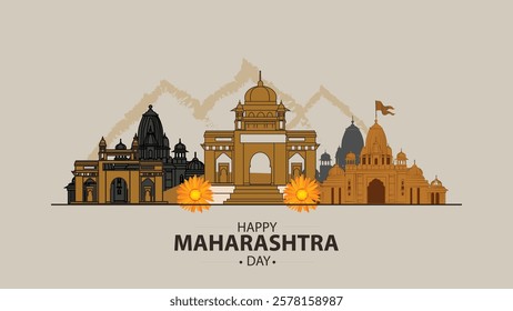 A rich vector illustration celebrating Maharashtra Day, featuring a blend of Maharashtra's iconic temples and monuments. 