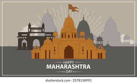  A rich vector illustration celebrating Maharashtra Day, showcasing an iconic Marathi temple adorned with a saffron flag, representing the spiritual and historical essence of the state. 