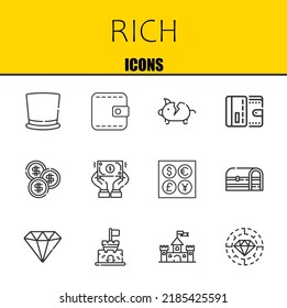 rich vector line icons set. top hat, wallet and piggy bank Icons. Thin line design. Modern outline graphic elements, simple stroke symbols stock illustration