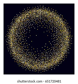 Rich vector sparkling confetti gold round frame. Luxurious background, golden glitter, shining sparkles on black background. VIP premium design element. Christmas, new year celebration or fireworks.