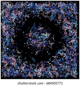 Rich vector sparkling music signs purple, blue confetti falling down. VIP premium design. Christmas, new year celebration. Music festival background, black background. Music poster or banner design.