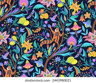Rich vibrant colorful floral pattern with cute moths and animals for decor, wallpaper, fabric design. Vector illustration.