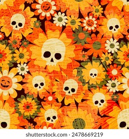 Rich vibrant seamless pattern featuring skulls and flowers in saturated orange and yellow hues. Artistic design combines spooky and cheerful elements for a unique and bold Halloween aesthetic.
