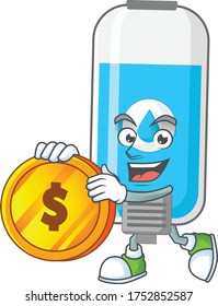 Rich Wall hand sanitizer cartoon character have big gold coin