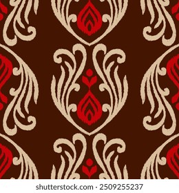 A rich and warm damask ikat pattern featuring earthy tones of brown and beige, accented with bold red highlights. This intricate design is ideal for creating luxurious textiles, upholstery, and home 