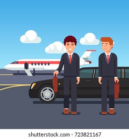 Rich and wealthy business man coming from private plane and limousine car standing on runway. Executive management using private jet airline. Flat vector illustration isolated on blue background.