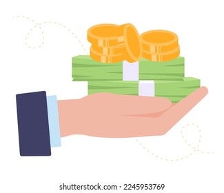 Rich and wealthy businessman holding a pile of money banknotes. Payment of dividend shares, passive income. Profitability concept. Vector illustration