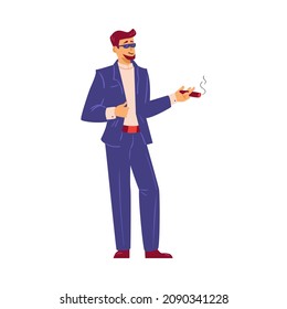 Rich wealthy and famous man character standing smoking cigar, flat vector illustration isolated on white background. Successful businessman or celebrity male personage.