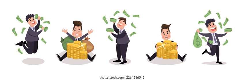 Rich Wealthy Happy Man Millionaire Character with Coins and Dollar Banknotes Vector Set