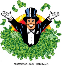 Rich Wealthy Happy Millionaire Billionaire With Top Hat And Tuxedo Surrounded By Money