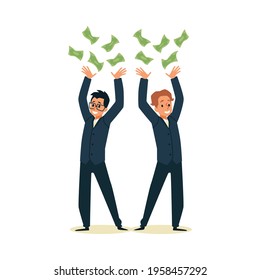 Rich wealthy happy millionaires drop money, flat vector illustration isolated on white background. Successful cheerful business people make big profit and become rich.