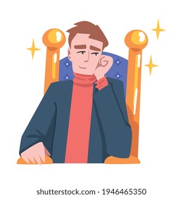 Rich and Wealthy Man Character Sitting on Golden Throne at Half Length Vector Illustration