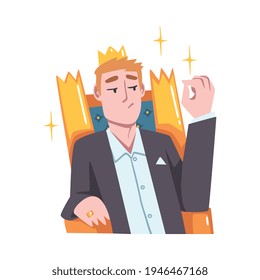 Rich and Wealthy Man Character Sitting on Golden Throne with Crown on His Head at Half Length Vector Illustration