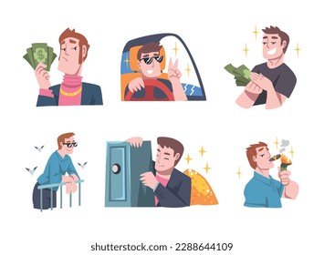 Rich and Wealthy Man Characters Having Abundance of Financial Assets Rolling in Cash Vector Illustration Set