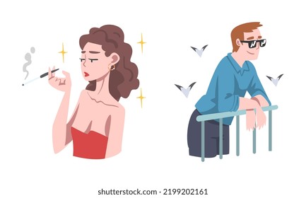 Rich and Wealthy Man and Woman Character Smoking Cigar and Sailing in Yacht Vector Set