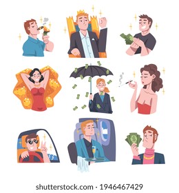 Rich and Wealthy People Characters Having Abundance of Financial Assets Rolling in Cash Vector Illustration Set
