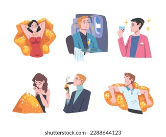 Rich and Wealthy People Characters Having Abundance of Financial Assets Rolling in Cash Vector Illustration Set