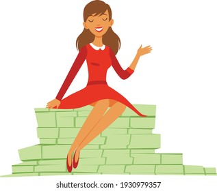 Rich Wealthy Person. Woman With Money Illustration.