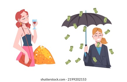 Rich and Wealthy Woman Character with Glass of Wine and Umbrella with Falling Banknote Vector Set