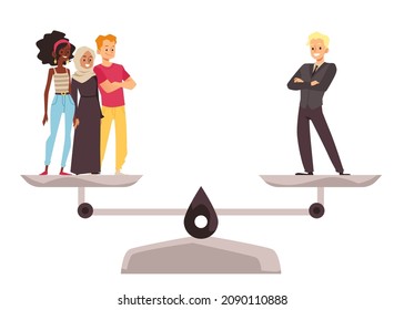 Rich White Male Have More Weight On Scale Than Black Woman, Muslim Female And Casual Young Man. White Rich Man Privilege Cartoon Vector Concept. Gender, Race And Social Economic Status Inequality.