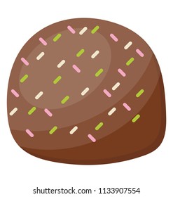 
A rich, whole, mini chocolate cake covered in dark, fluffy textured, topped colorful sprinkling 

