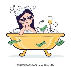 Rich woman in bath with champagne and cash money. Cartoon female character with sunglasses in yellow bathtub with bubbles. Millionaire and financial success concept. Flat isolated vector illustration.