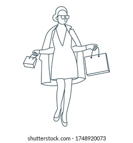 rich woman bringing two shopping bags wearing eyeglasses outline vector illustration