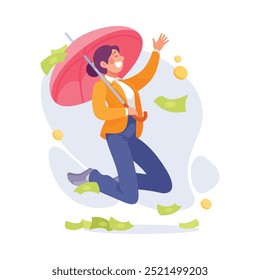 Rich Woman Character Jump with Umbrella Under Green Money Banknote Rain Vector Illustration