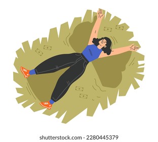 Rich Woman Character Lying on Green Banknotes Vector Illustration
