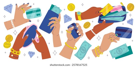 Rich woman hands in precious jewelry using money cash, holding plastic credit card, carrying empty and currency full purse set. Financial wealth, abundance, shopping payment vector illustration