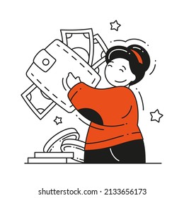 Rich woman holding wallet full of currency cash money banknotes and coins enjoy wealth wage vector flat illustration. Happy female carrying income abundance celebrate fortune lottery victory isolated